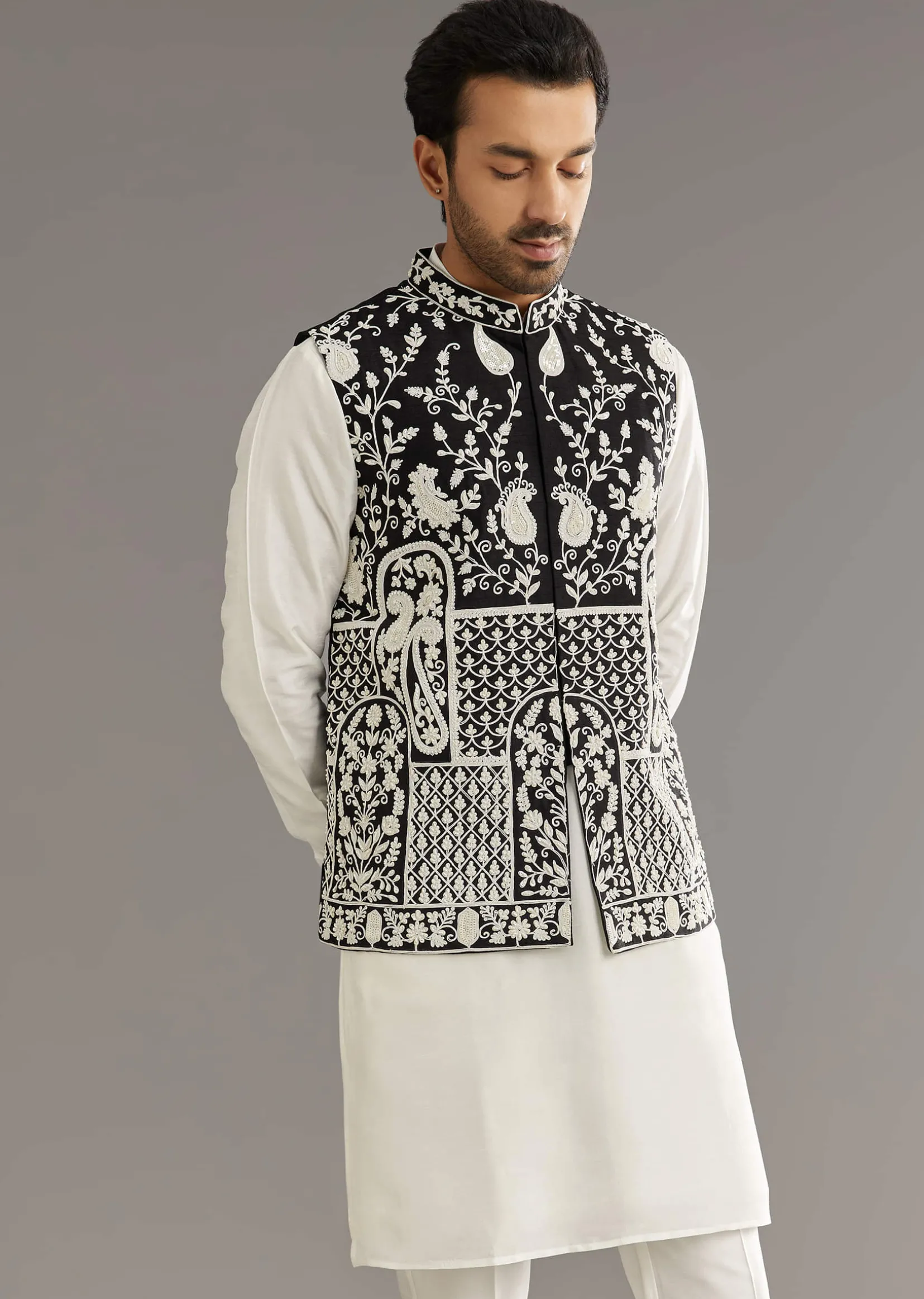 White Silk Kurta Set With Black Dori And Zardosi Jacket