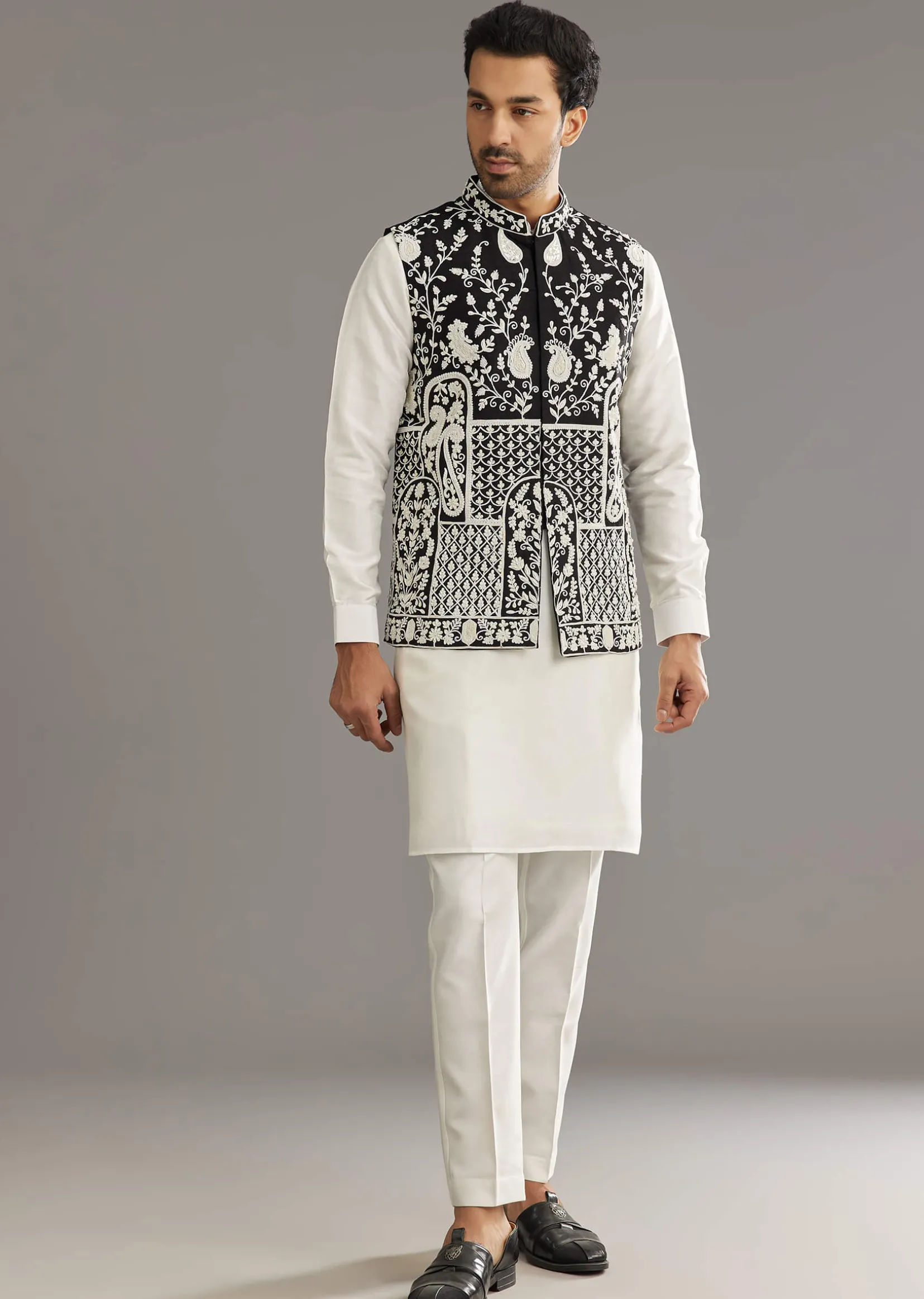 White Silk Kurta Set With Black Dori And Zardosi Jacket