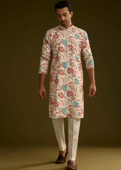 White Silk Surreal Nature Motif Kurta Set
