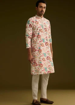 White Silk Surreal Nature Motif Kurta Set