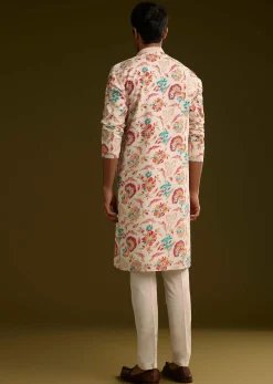 White Silk Surreal Nature Motif Kurta Set