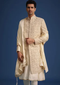 White Silk Zari Work Sherwani Set With Dupatta