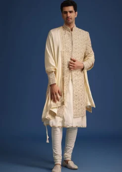 White Silk Zari Work Sherwani Set With Dupatta