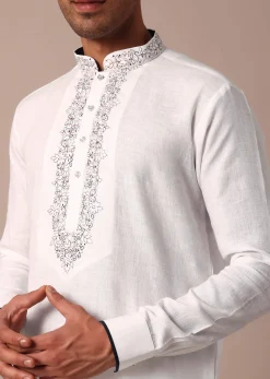 White Straight Linen Kurta With Yoke Detail