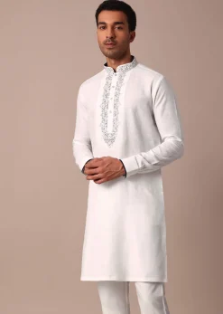 White Straight Linen Kurta With Yoke Detail