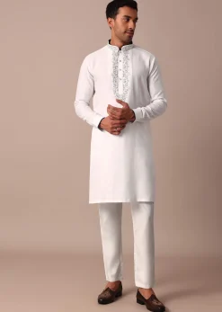 White Straight Linen Kurta With Yoke Detail