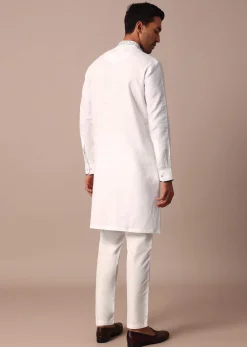 White Straight Linen Kurta With Yoke Detail