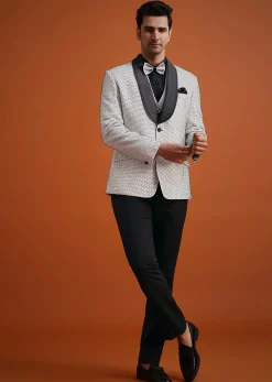 White Terry Rayon Textured Tuxedo Set