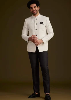 White Textured Jodhpuri Suit With Black Trouser