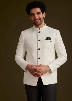 White Textured Jodhpuri Suit With Black Trouser