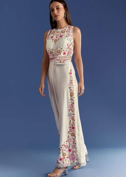 White Thread And Moti Work Jumpsuit With Waist Belt