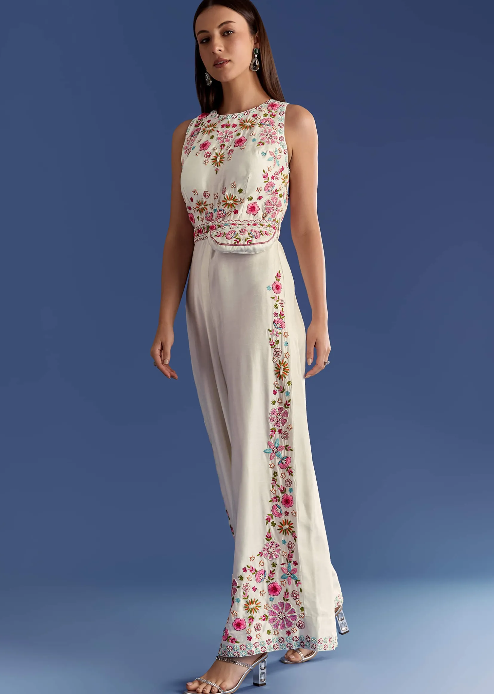 White Thread And Moti Work Jumpsuit With Waist Belt
