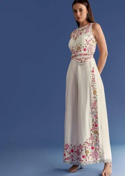 White Thread And Moti Work Jumpsuit With Waist Belt