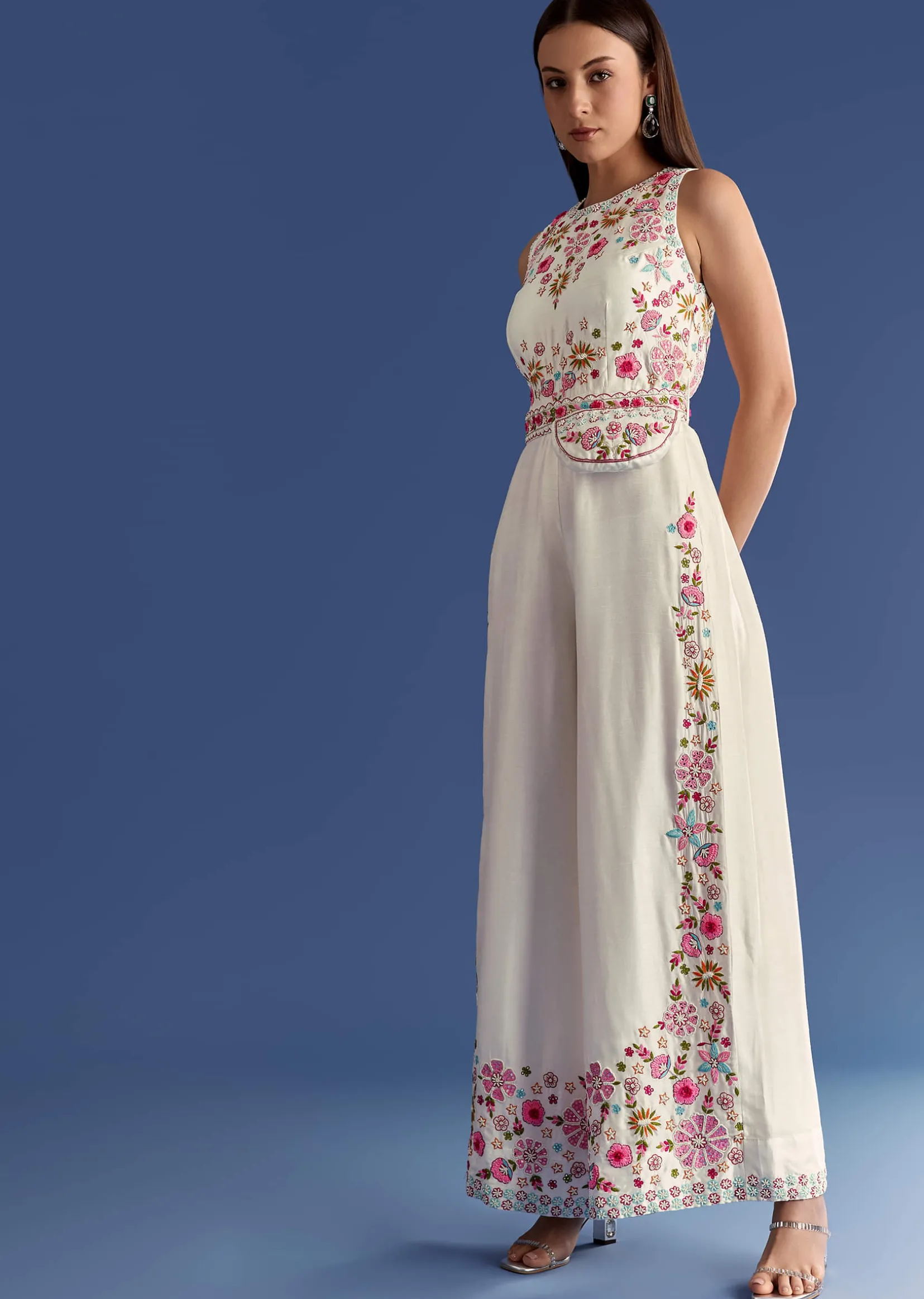 White Thread And Moti Work Jumpsuit With Waist Belt