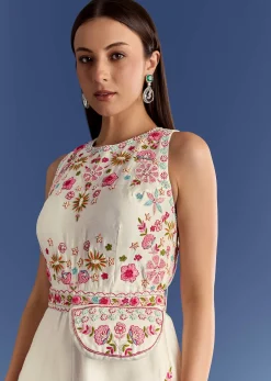 White Thread And Moti Work Jumpsuit With Waist Belt
