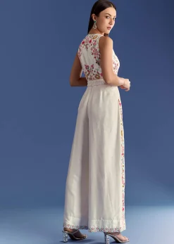 White Thread And Moti Work Jumpsuit With Waist Belt