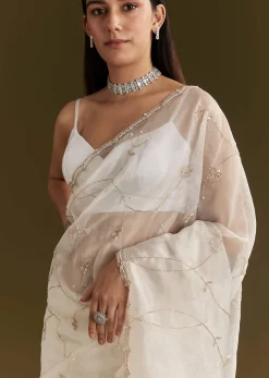 White Tissue Embroidered Saree With Scallop Border