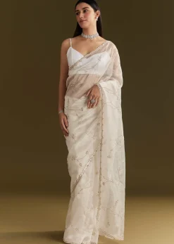 White Tissue Embroidered Saree With Scallop Border
