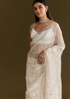 White Tissue Embroidered Saree With Scallop Border