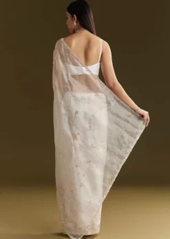 White Tissue Embroidered Saree With Scallop Border