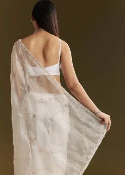 White Tissue Embroidered Saree With Scallop Border