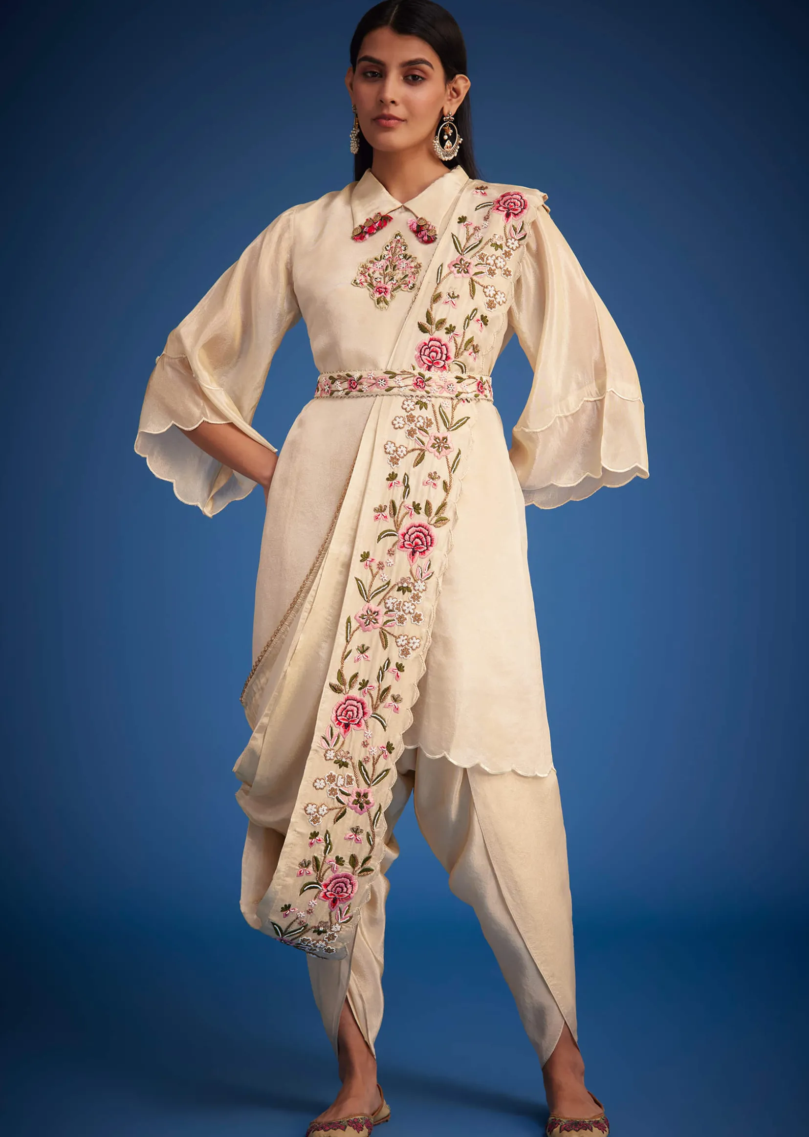 White Tissue Embroidered Dhoti Set