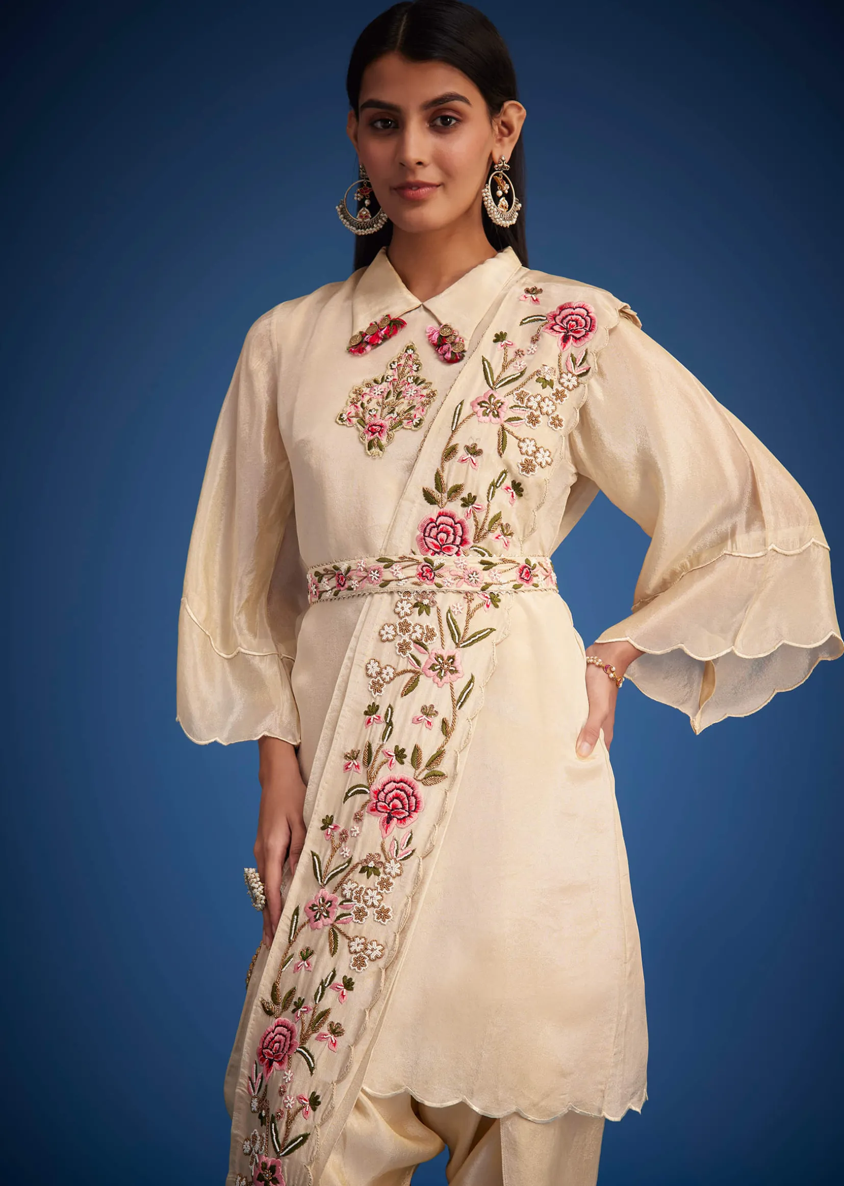 White Tissue Embroidered Dhoti Set