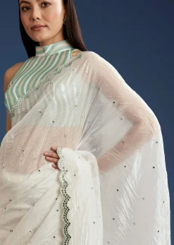 White Tissue Saree With Contrast Border
