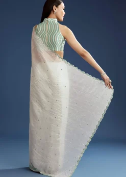 White Tissue Saree With Contrast Border