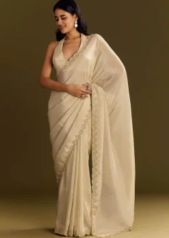 White Tissue Saree With Cutdana And Beads Scallop Border