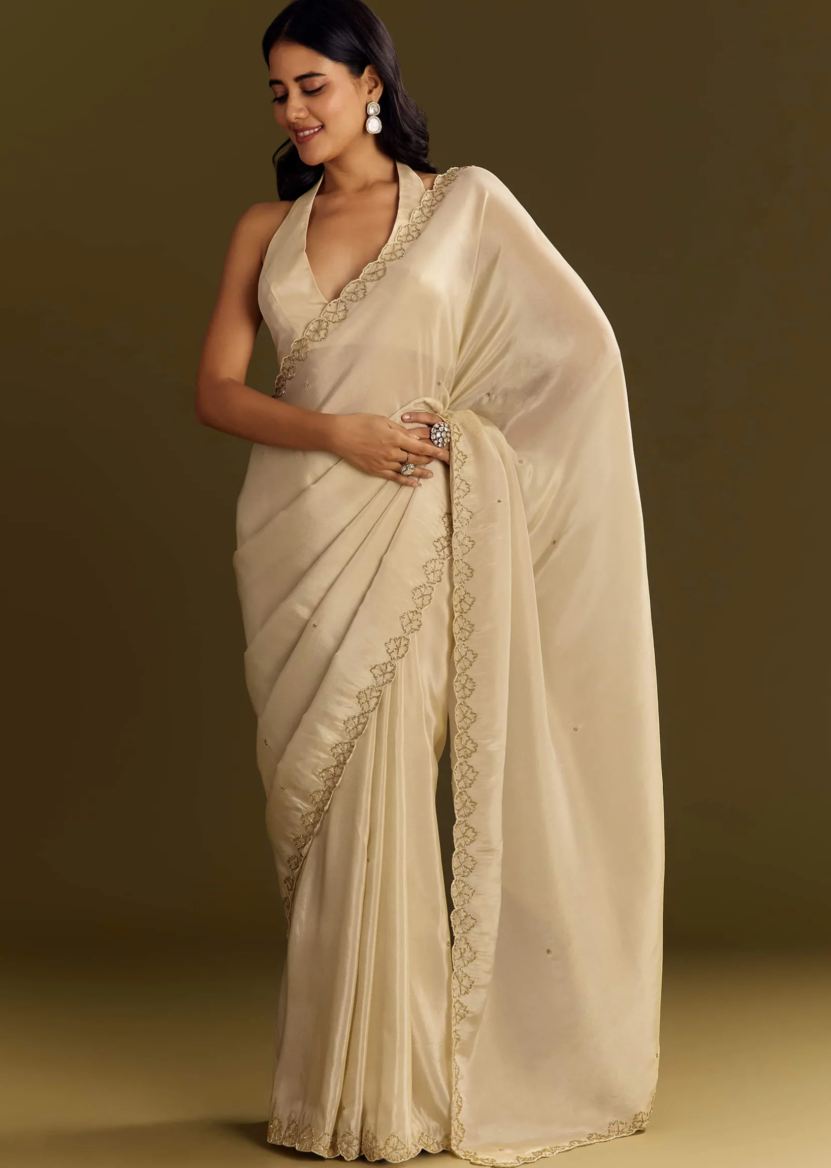 White Tissue Saree With Cutdana And Beads Scallop Border