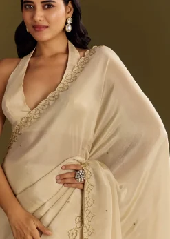 White Tissue Saree With Cutdana And Beads Scallop Border
