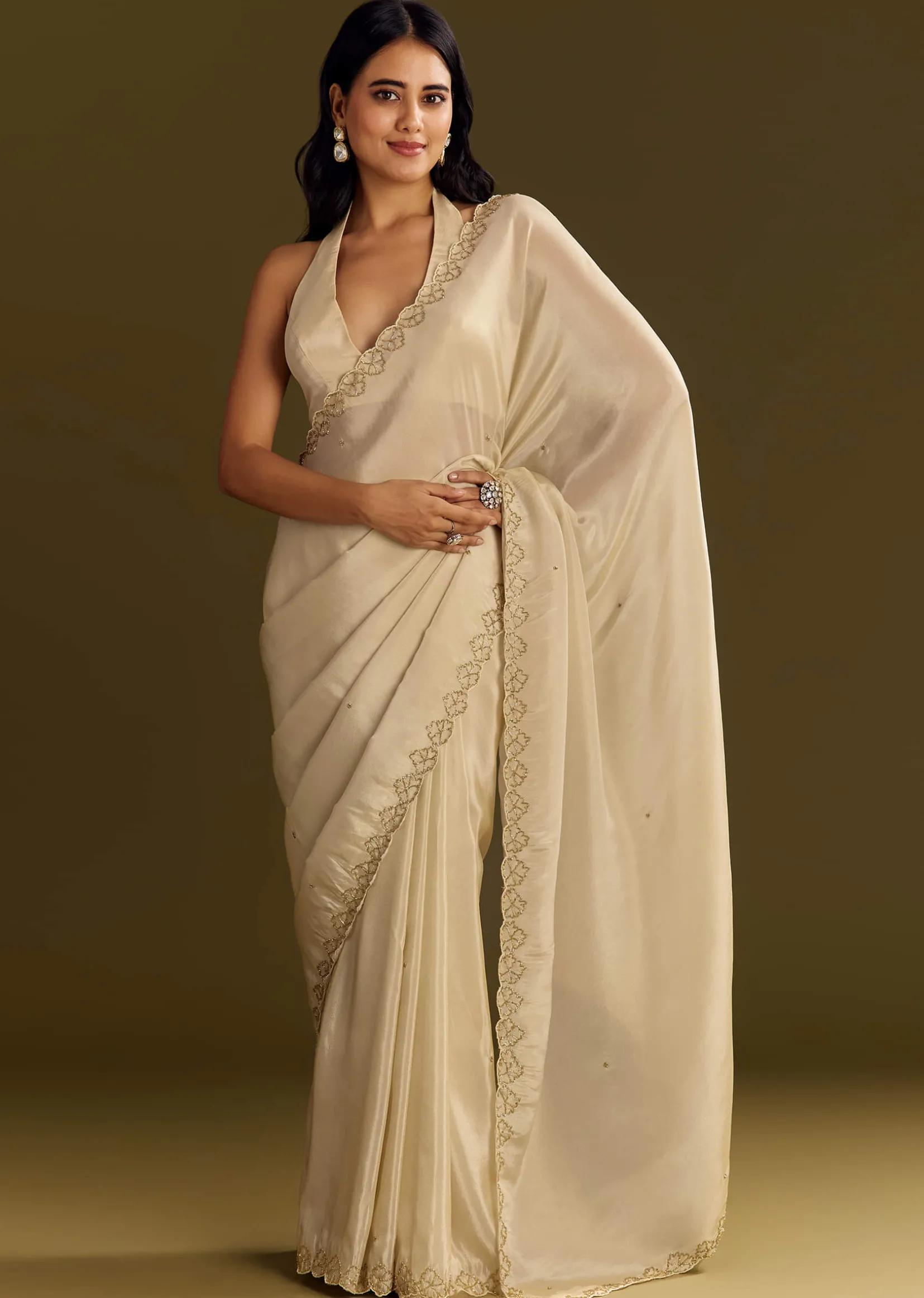 White Tissue Saree With Cutdana And Beads Scallop Border