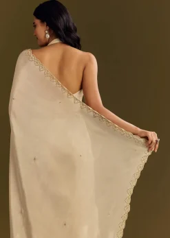White Tissue Saree With Cutdana And Beads Scallop Border