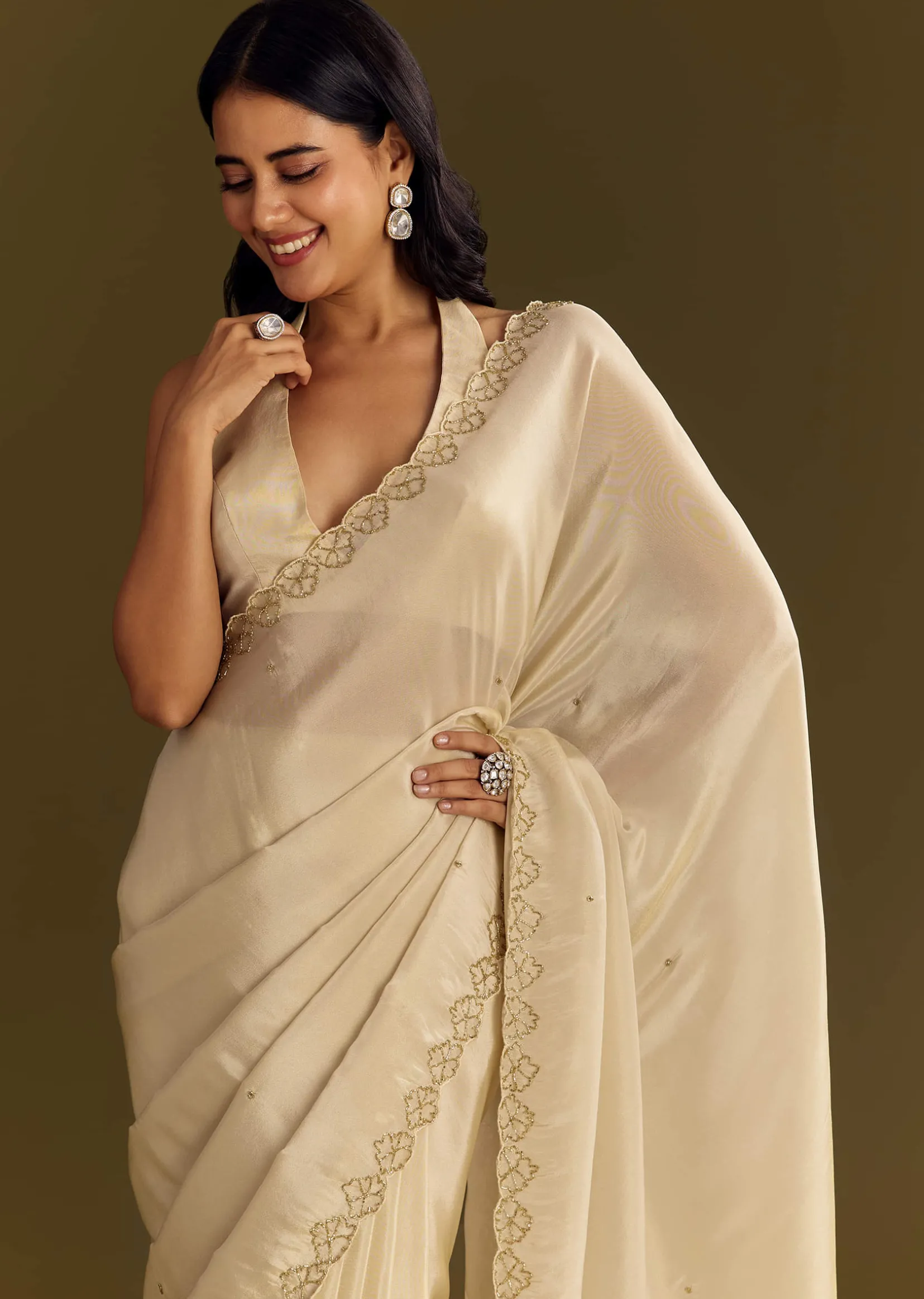 White Tissue Saree With Cutdana And Beads Scallop Border