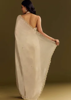 White Tissue Saree With Cutdana And Beads Scallop Border