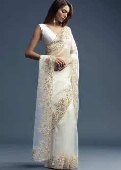 White Tissue Saree With Floral Cutdana Embroidery
