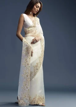 White Tissue Saree With Floral Cutdana Embroidery