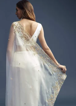White Tissue Saree With Floral Cutdana Embroidery