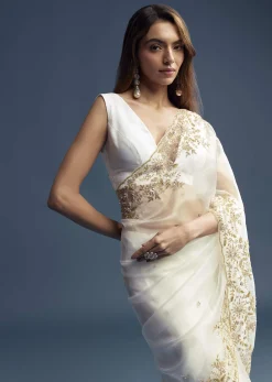 White Tissue Saree With Floral Cutdana Embroidery