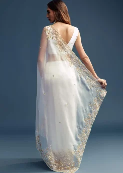 White Tissue Saree With Floral Cutdana Embroidery