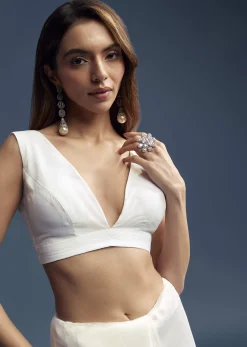 White Tissue Saree With Floral Cutdana Embroidery