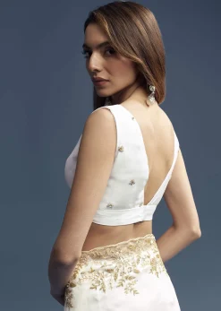 White Tissue Saree With Floral Cutdana Embroidery