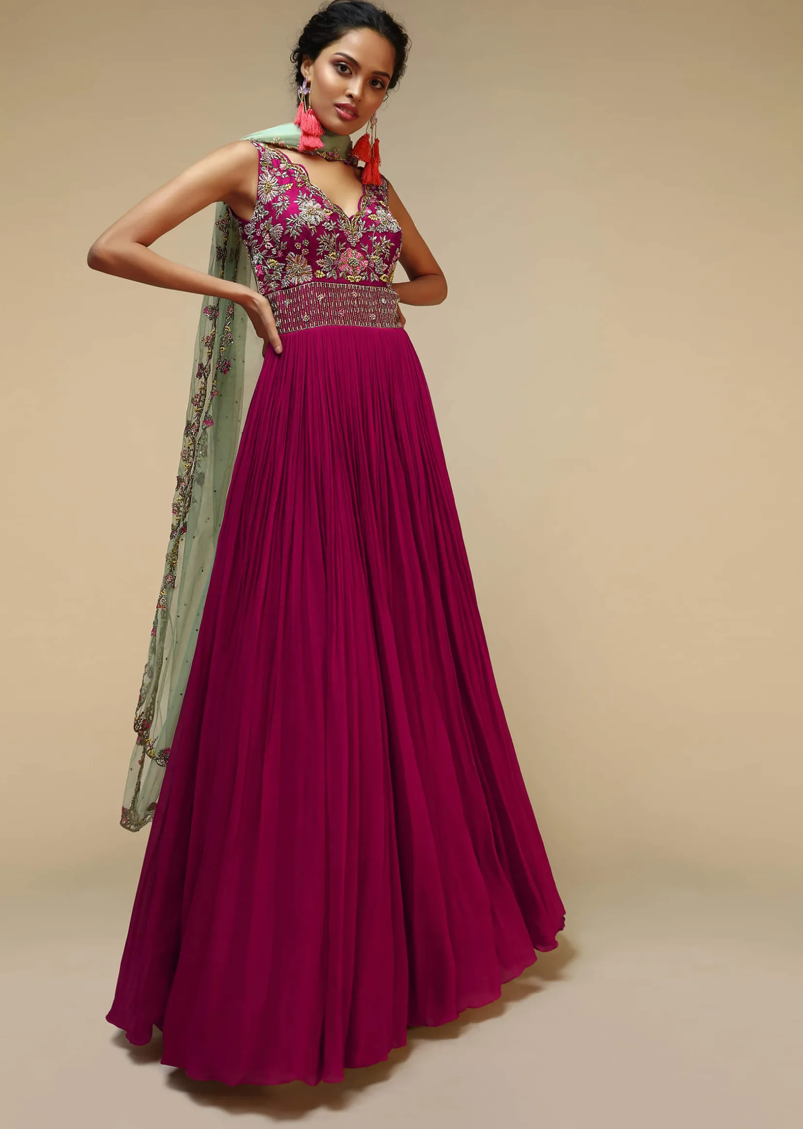Wine Anarkali Suit In Georgette With A Heavily Hand Embroidered Bodice Featuring Multi Colored Resham And Beads