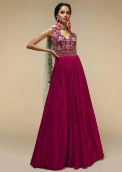 Wine Anarkali Suit In Georgette With A Heavily Hand Embroidered Bodice Featuring Multi Colored Resham And Beads