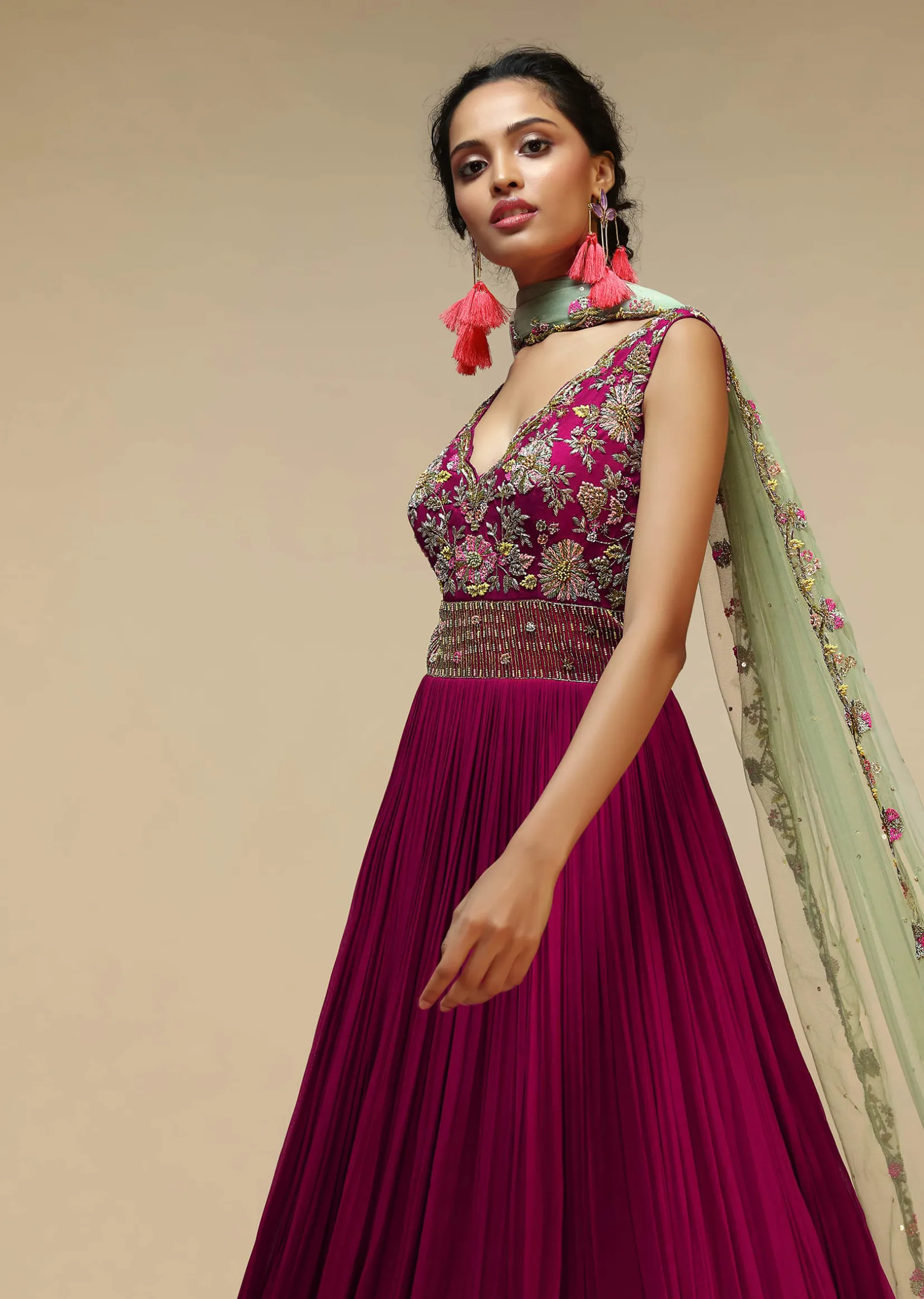 Wine Anarkali Suit In Georgette With A Heavily Hand Embroidered Bodice Featuring Multi Colored Resham And Beads