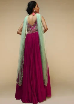 Wine Anarkali Suit In Georgette With A Heavily Hand Embroidered Bodice Featuring Multi Colored Resham And Beads