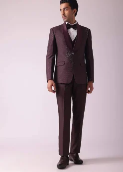 Wine Blazer And Pant Set In Terry Rayon Fabric
