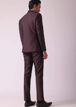 Wine Blazer And Pant Set In Terry Rayon Fabric
