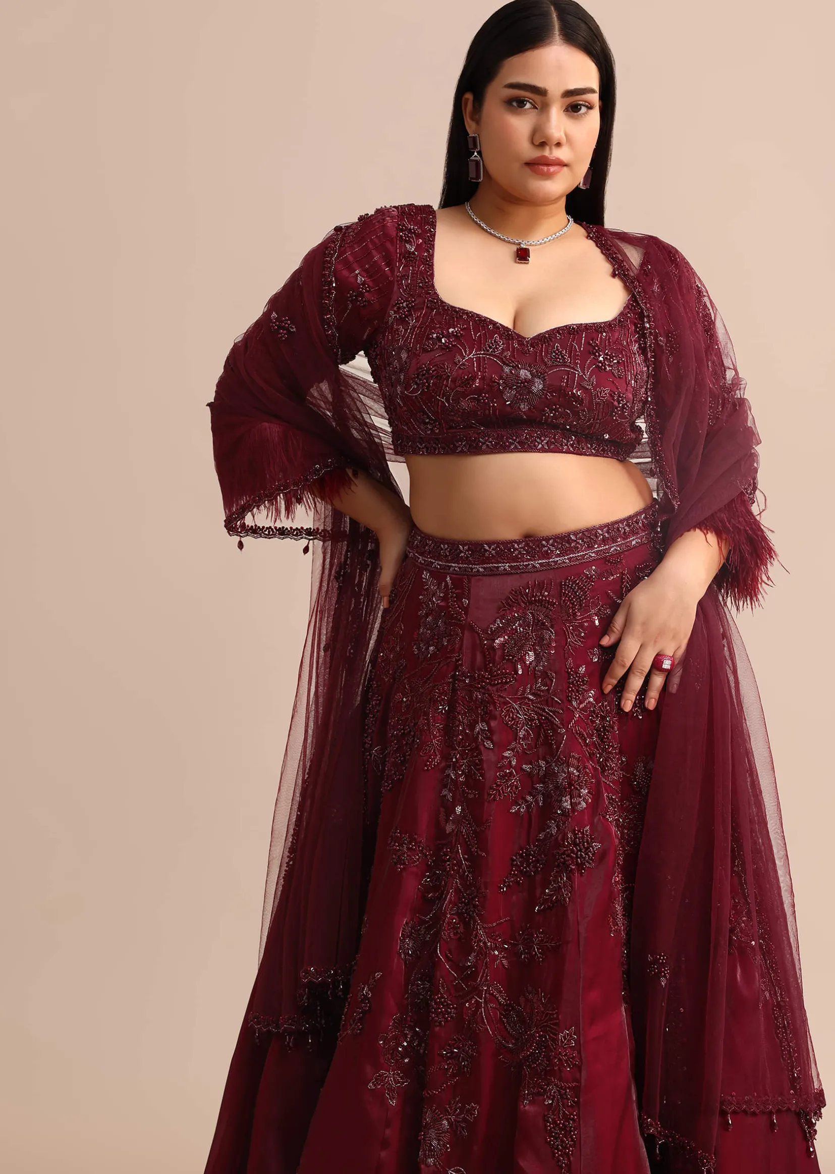 Wine Bridal Lehenga With Dupatta